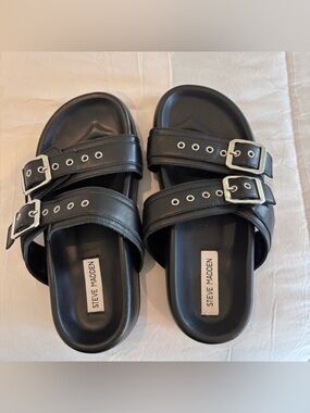 Steve Madden Black Double Buckle Slide Sandals with Grommet Detai